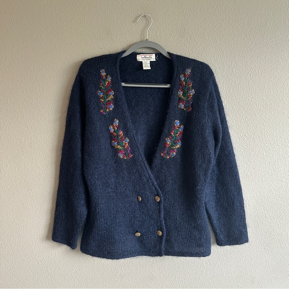Vintage Talbots Mohair Blue Sweater Embroidered Double Breast Buttons Large